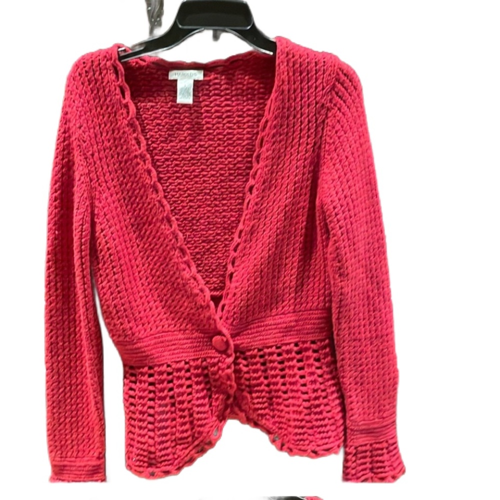 Harold’s red cardigan sweater size small